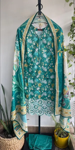 Pakistani Original Bin Saeed Cotton Chickankari Stitched 3Pcs_ Sea Green 